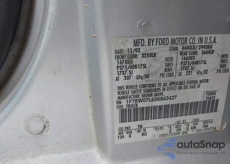 2003 Ford F-150 Lariat/Xlt from USA, damaged, VIN 1FTRW07L63KB63427